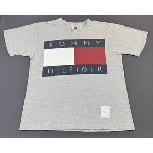 Rare Vintage 90s Tommy Hilfiger Big Logo Flag Gray Shirt XL USA Made Hip Hop Art